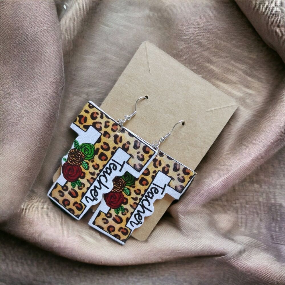 Leopard Print Teacher T Earrings